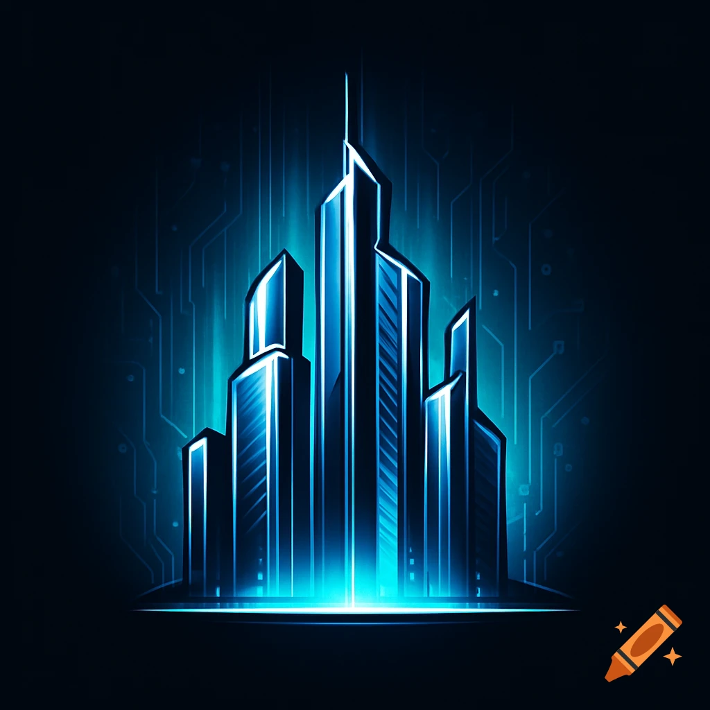 A stylized glowing blue neon city skyline with a digital circuit board background.