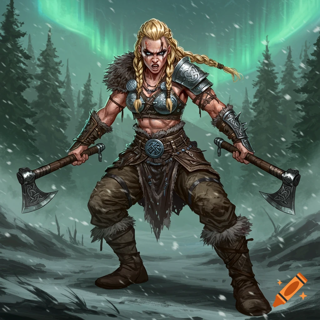 A fierce female Viking berserker with axes, in a snowy forest under the northern lights, in a concept art style.