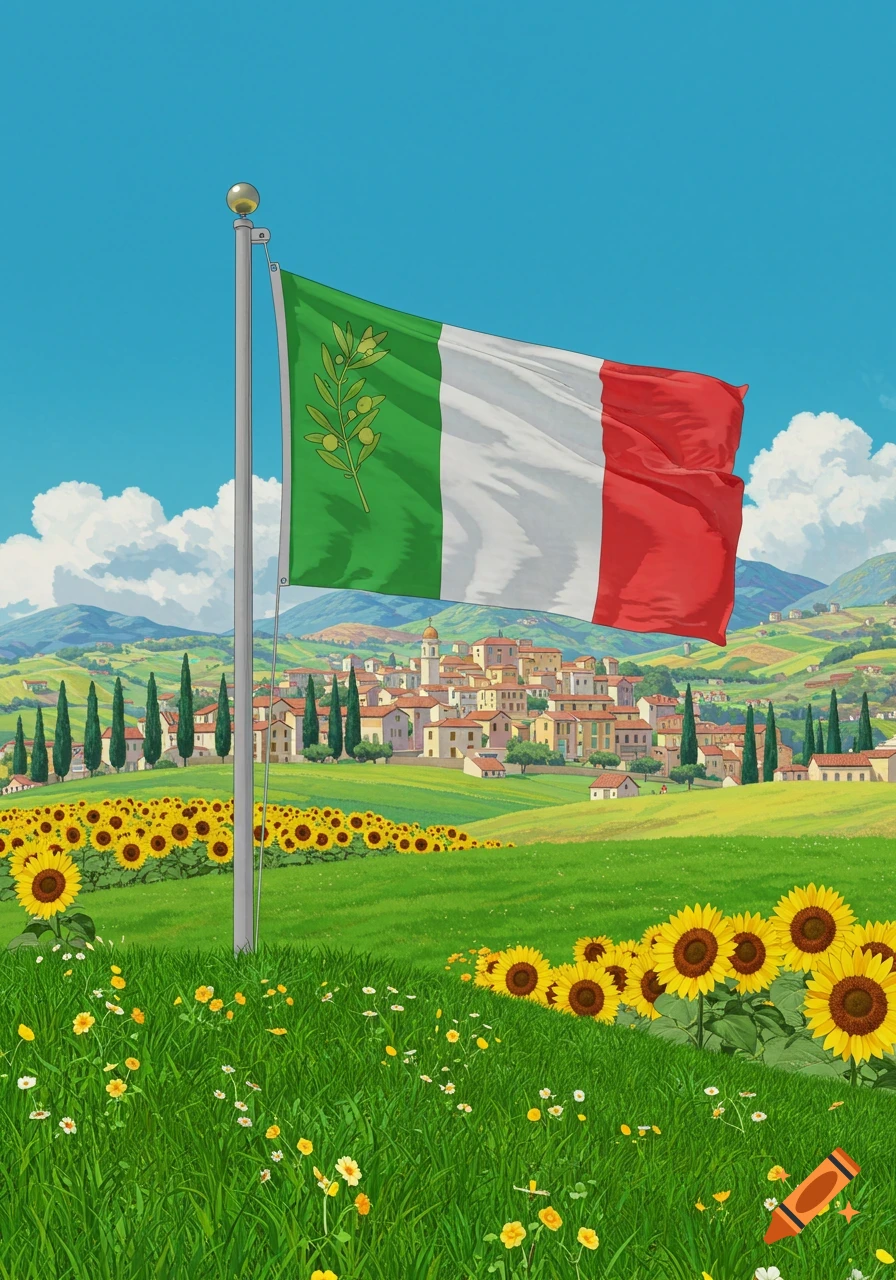 A vibrant Ghibli-style landscape with an Italian flag waving over rolling green hills, a village, and fields of sunflowers.