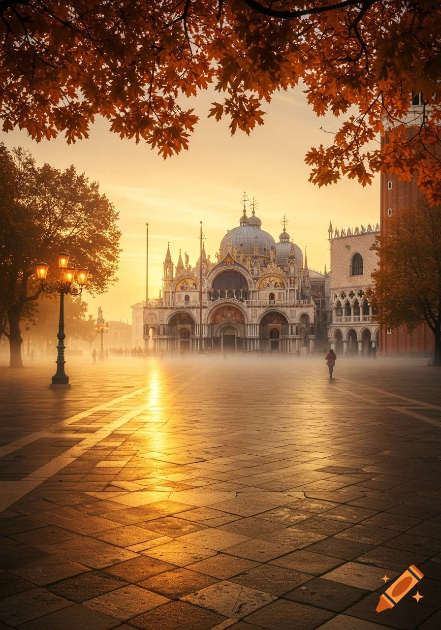 Photorealistic image of St. Mark's Square in Venice at sunrise, with golden light, mist, and autumn leaves.