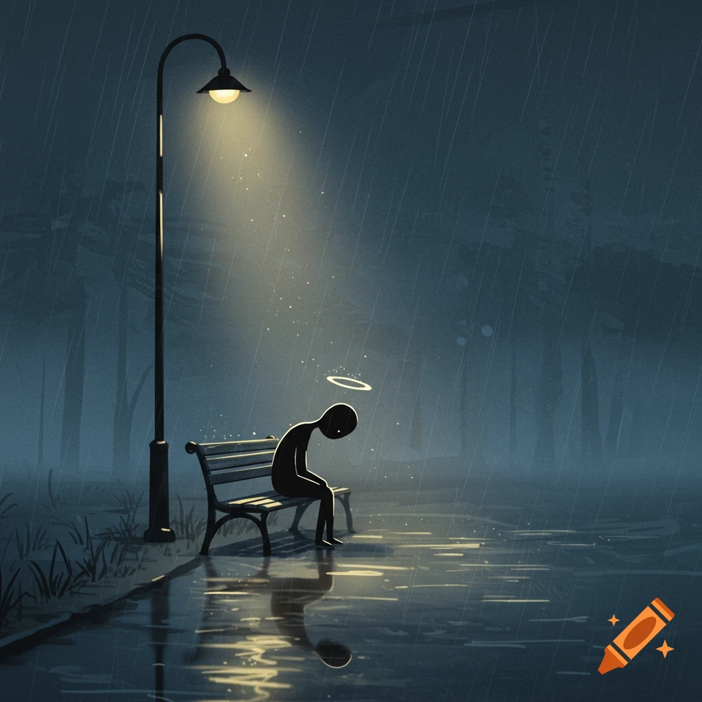 A stylized sad stick figure with a halo sits on a bench under a street lamp in heavy rain, reflecting on the wet ground.