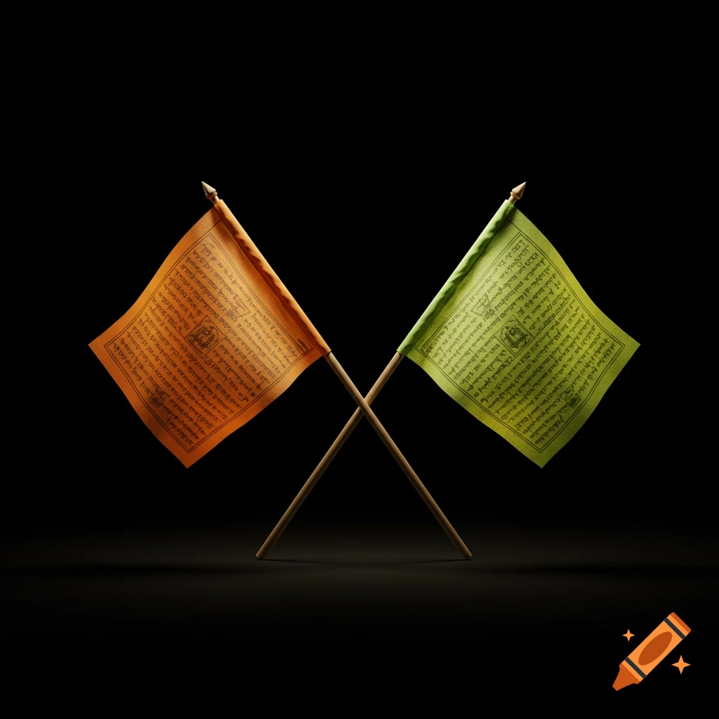 Two orange and green Buddhist prayer flags crossed over each other against a dark background.