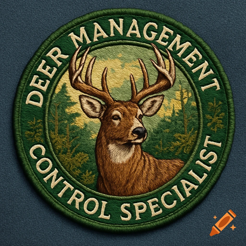 An embroidered round patch for 'Deer Management Control Specialist' featuring a brown buck in a forest.