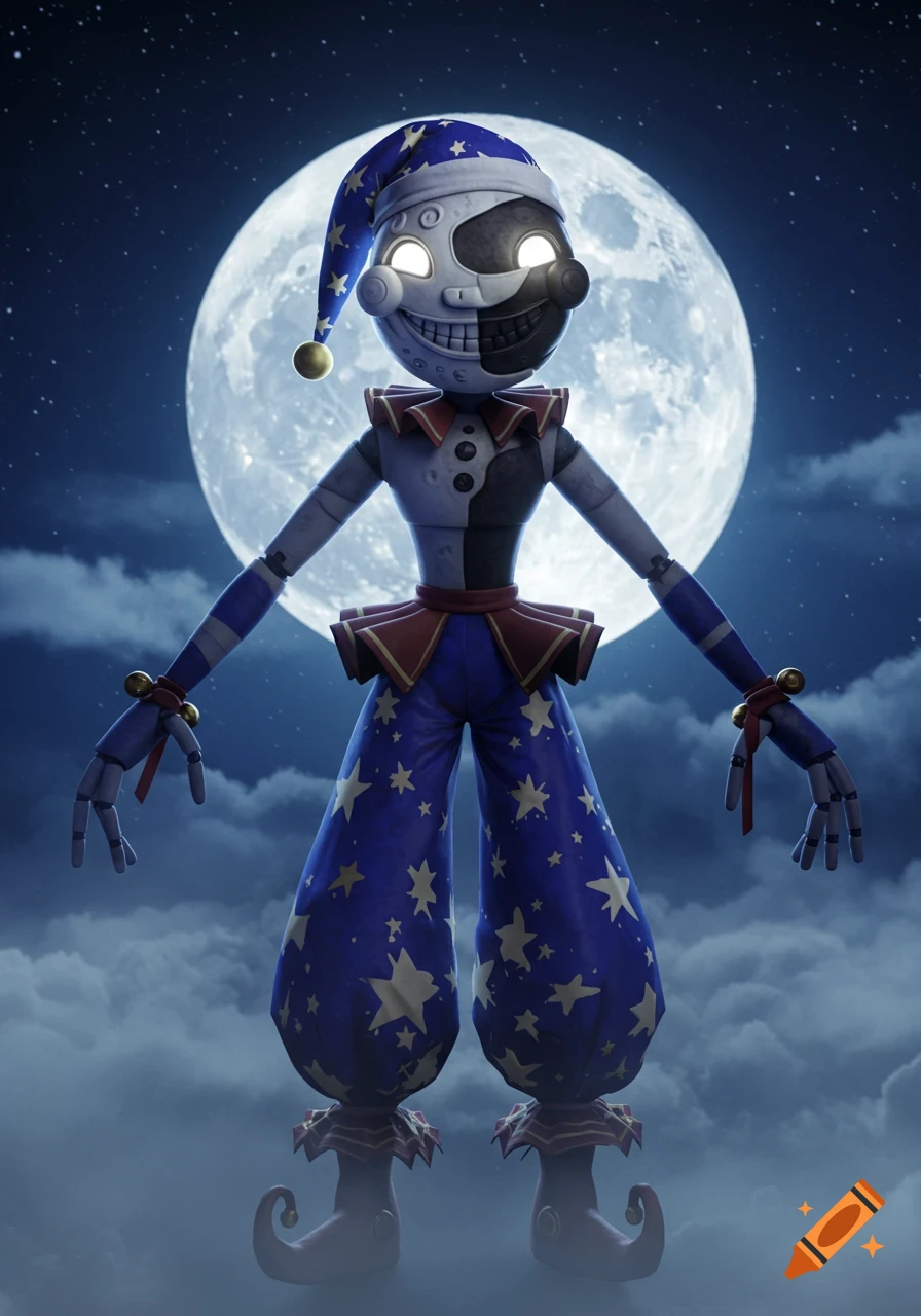 Moondrop animatronic from FNAF with half-moon face, starry jester hat and pants, against a moonlit cloudy night sky.