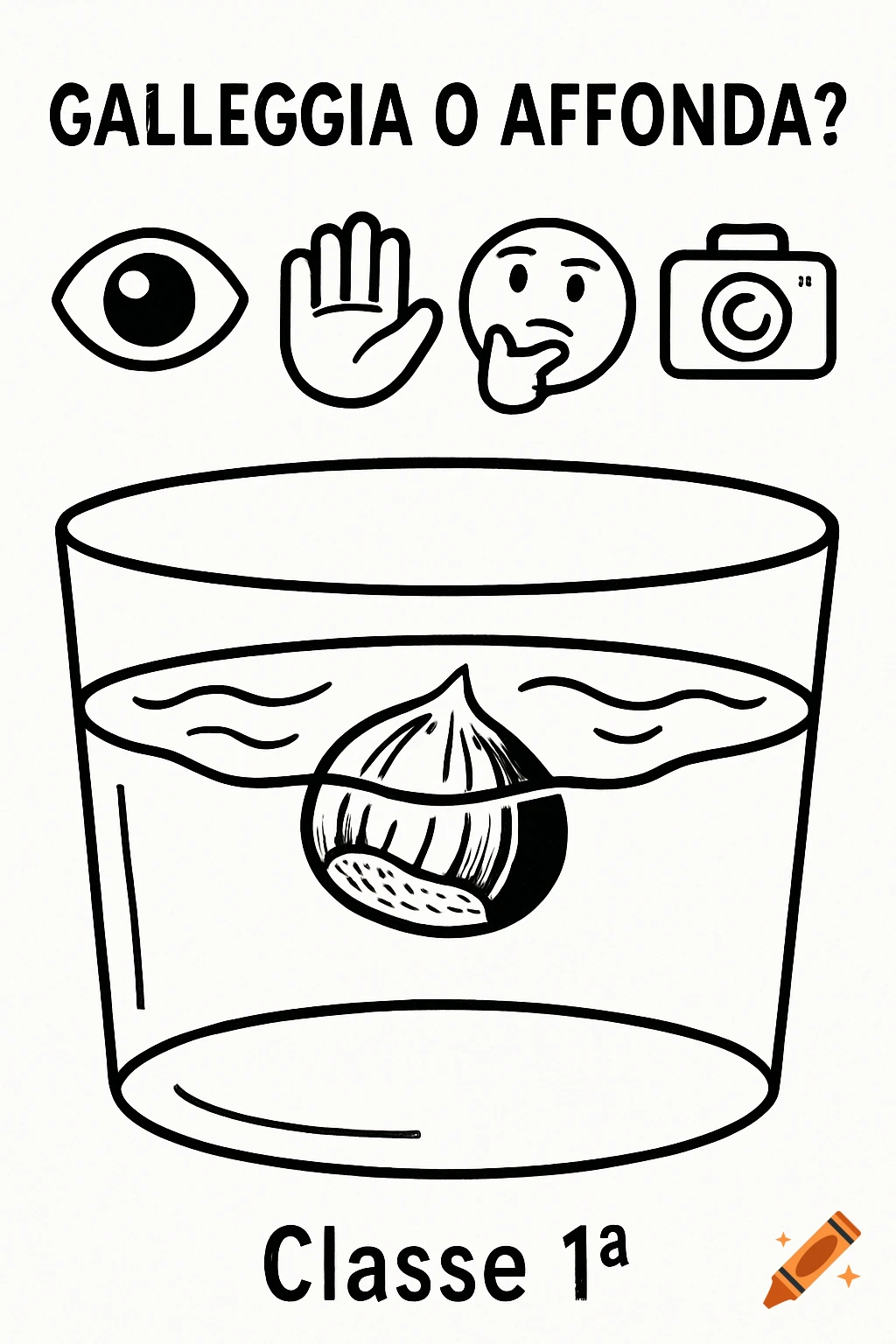Black and white educational line art for kids: a chestnut in water, titled 'Galleggia o affonda?', with eye, hand, thinking, and camera symbols.