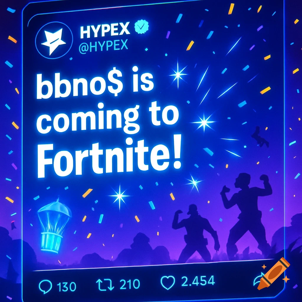 A glowing blue tweet from HYPEX announces 'bbno$ is coming to Fortnite!', with silhouetted game characters and confetti.