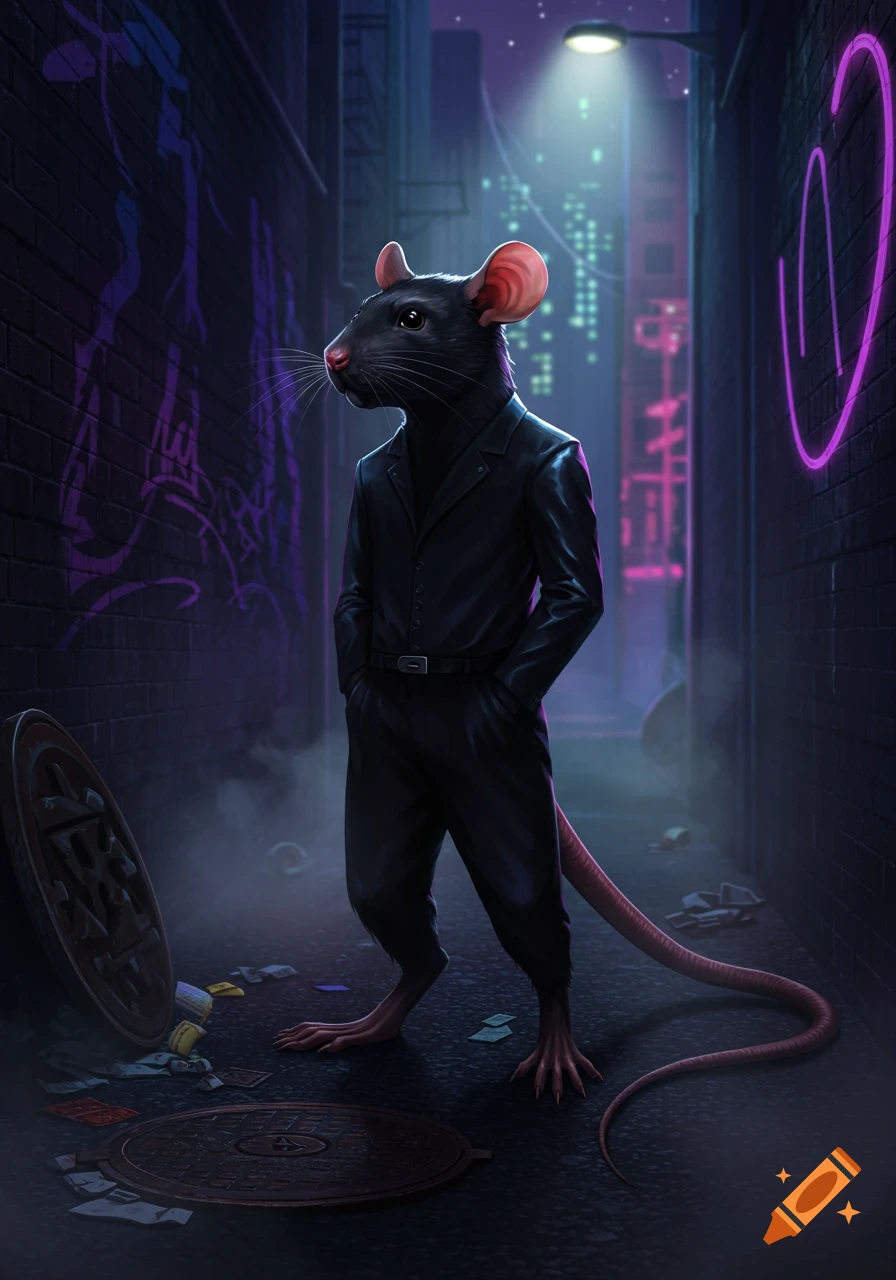 A dapper black anthropomorphic rat in a suit stands in a dark, neon-lit alley at night.