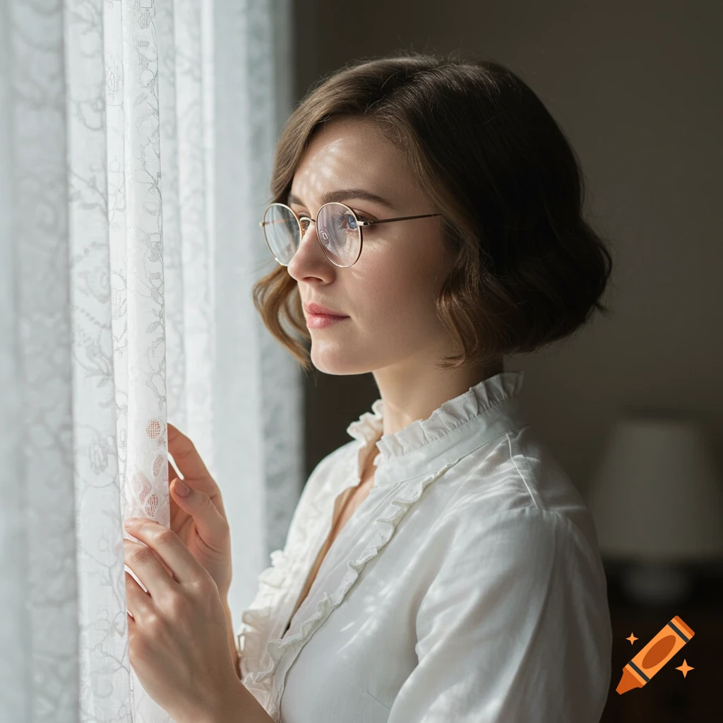 A photorealistic portrait of a woman with short brown hair and glasses, wearing a white ruffled blouse, looking out a window with a sheer white curtain.