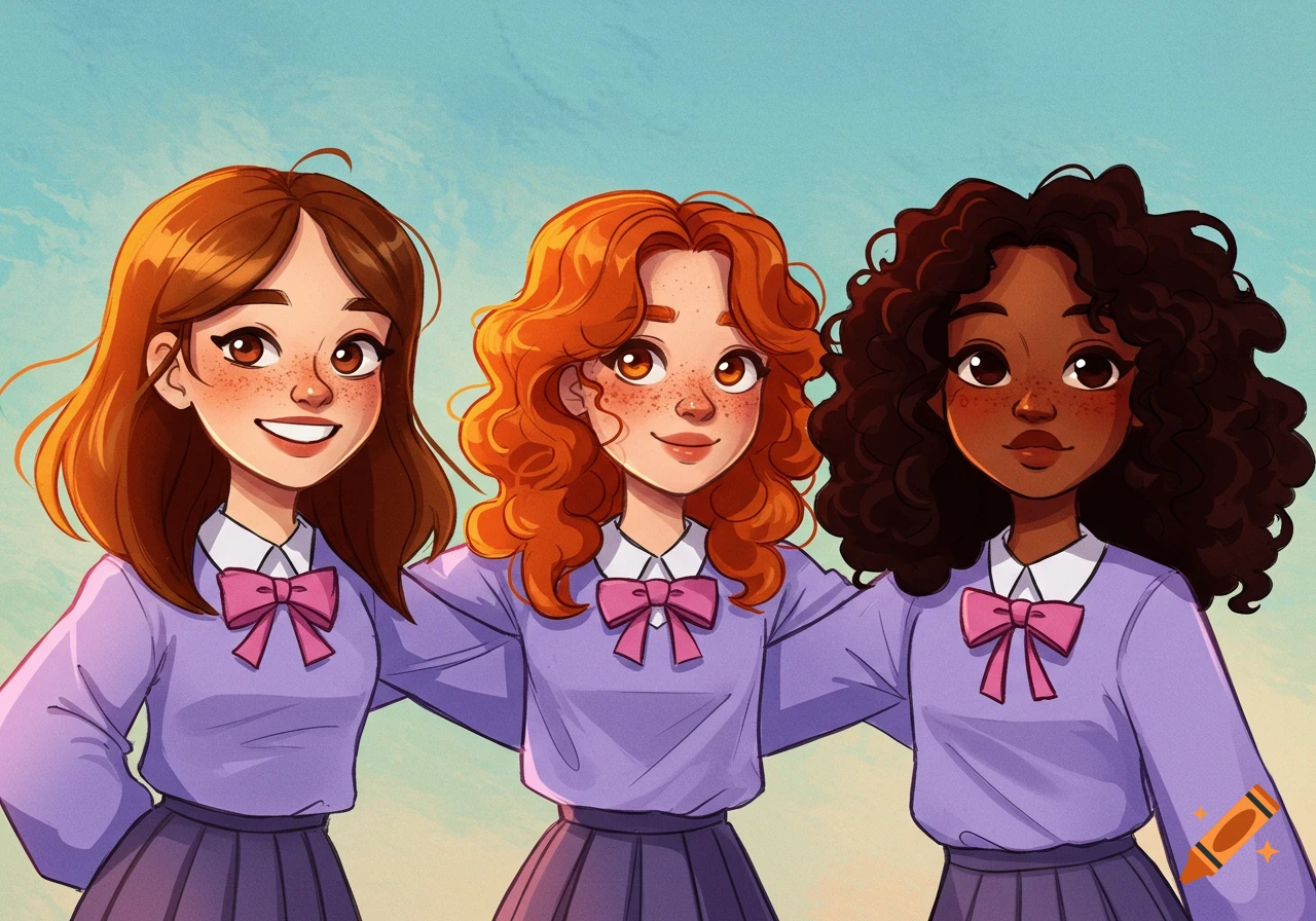Three diverse cartoon girls in purple school uniforms with pink bows, smiling under a blue sky.