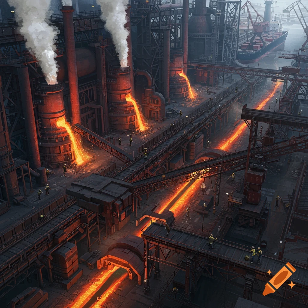 Detailed top-down view of a large steel production facility. Molten metal flows, smokestacks emit smoke, with workers and a cargo ship.
