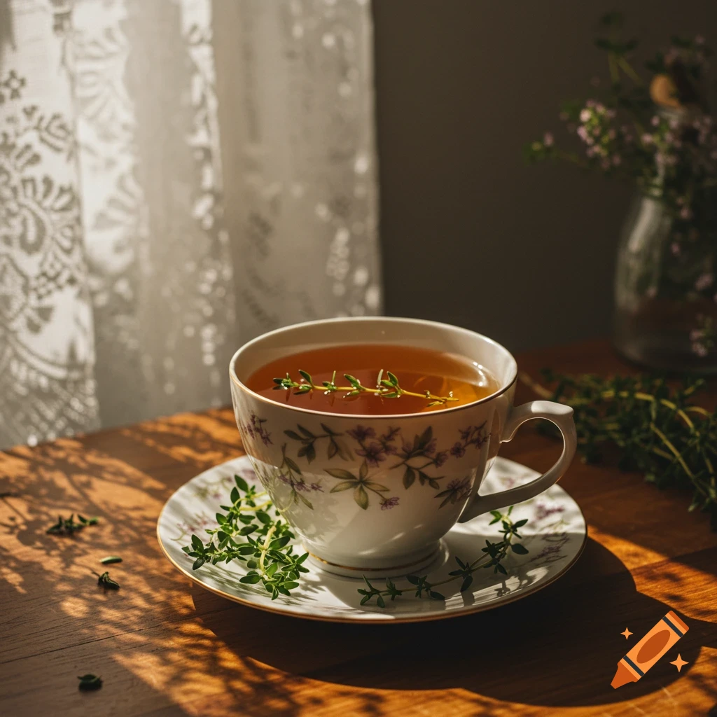 A delicate floral teacup filled with thyme tea and fresh thyme sprigs on a sunlit wooden table next to a window.