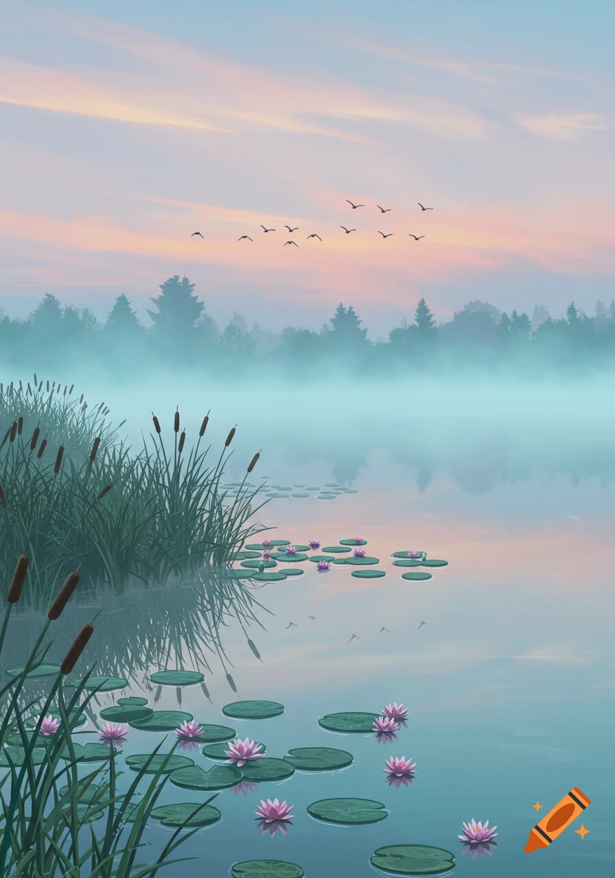 Misty lake at dawn with pink water lilies, cattails, and birds flying against a soft pink and blue sky, in an illustrative style.