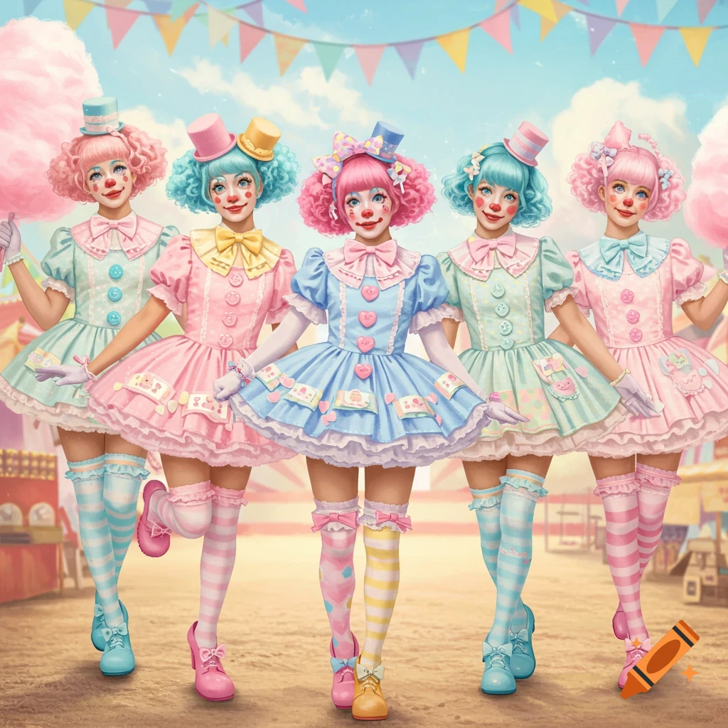 Five pastel-colored, cute, girly clowns in matching frilly dresses, clown makeup, and small top hats, standing at a carnival.