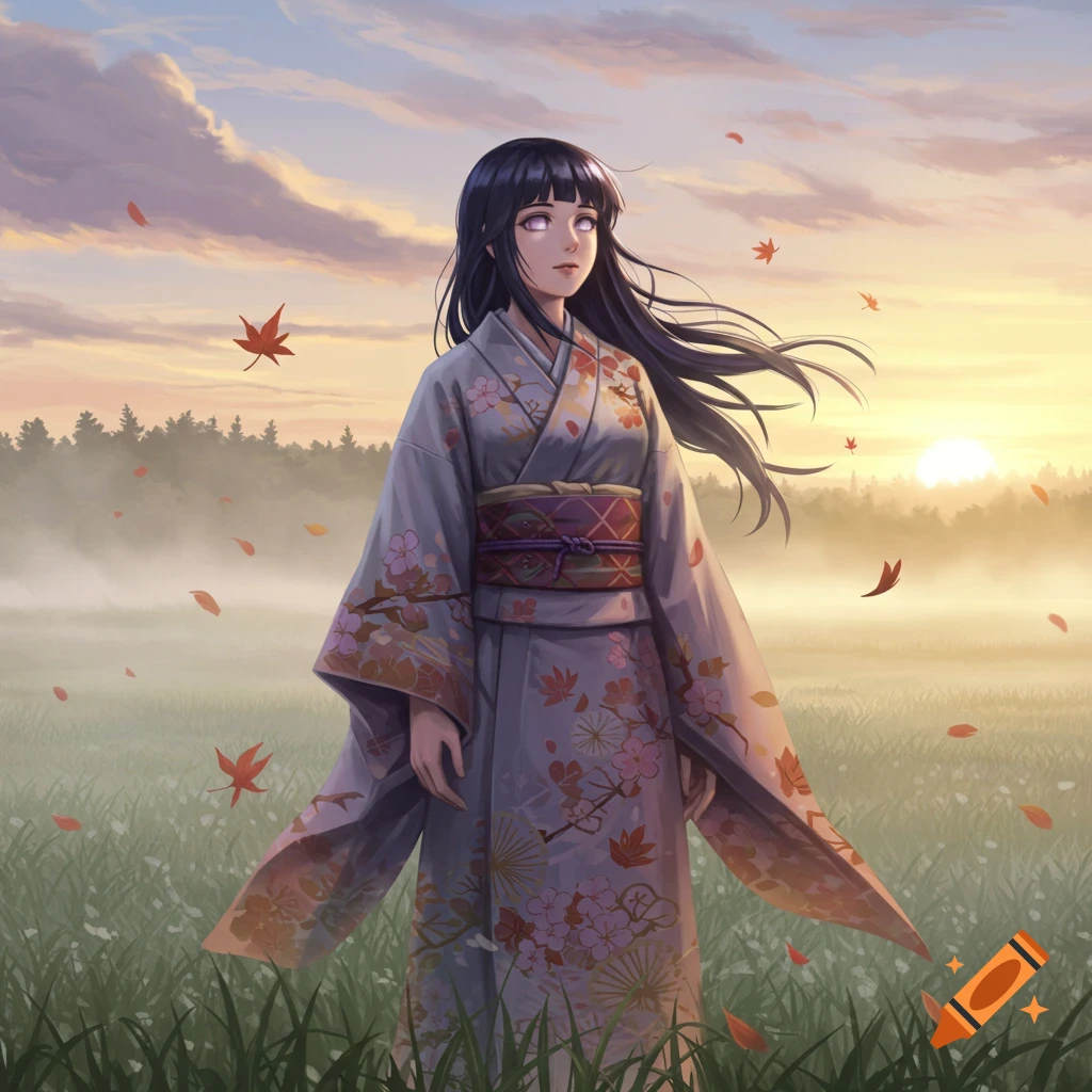 Anime-style illustration of a woman in a floral kimono standing in a grassy field with red leaves falling, bathed in the light of a setting sun.