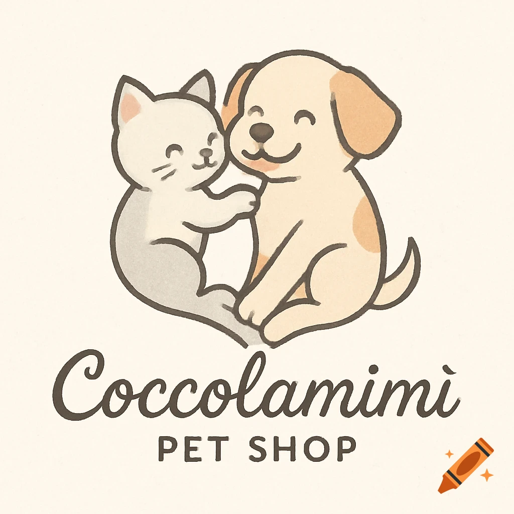 Cute cartoon logo featuring a gray cat hugging a light brown dog, with "Coccolamimì PET SHOP" text below.