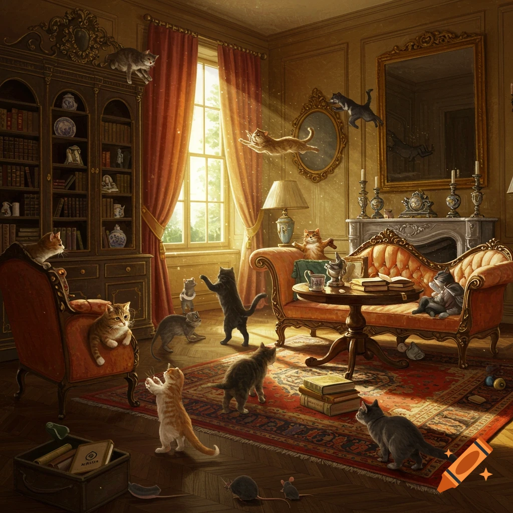 A luxurious classical room filled with numerous cats playing mischievously, some jumping, some on furniture, and some chasing mice, in a warm, detailed style.