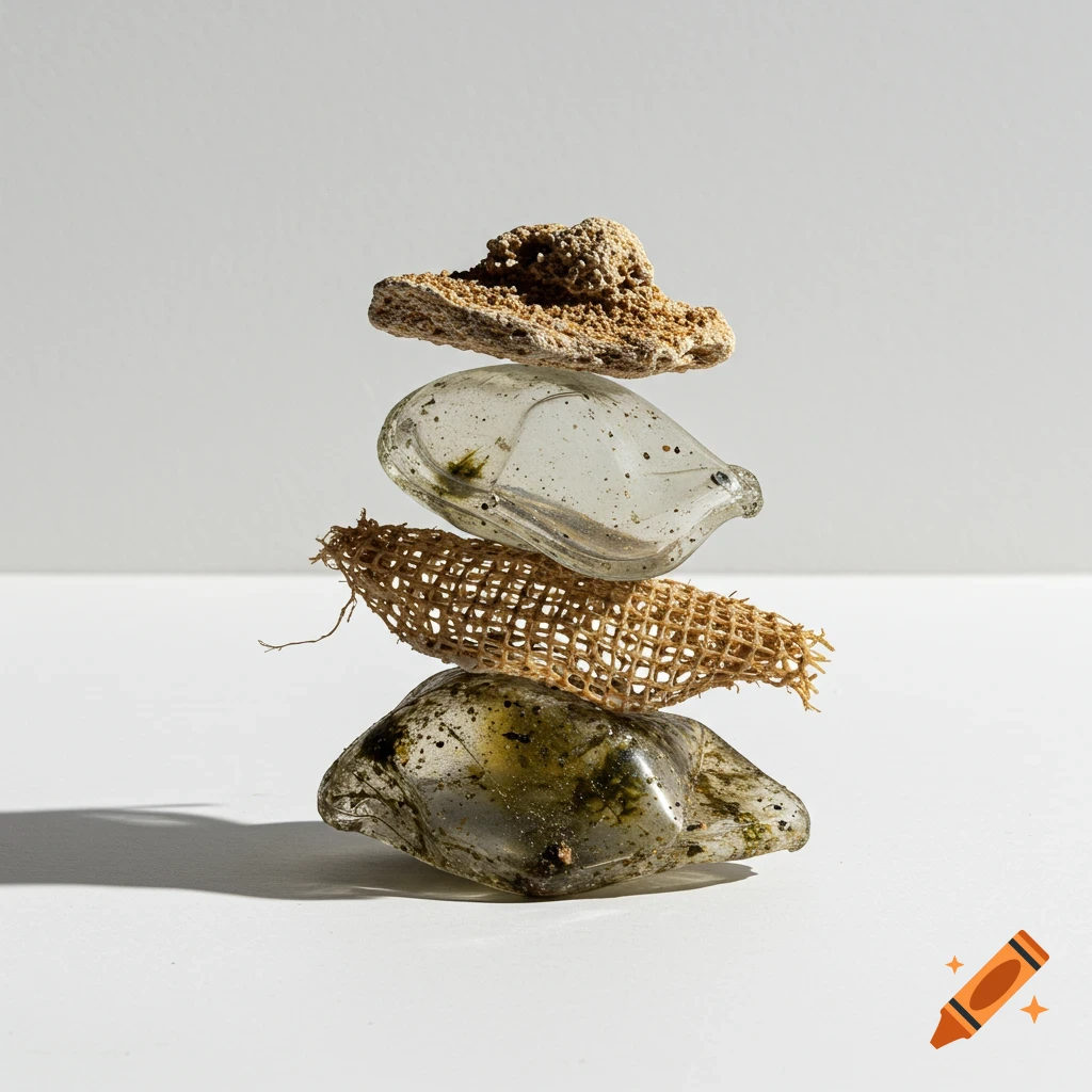 Four pieces of marine debris, including glass and a woven net, stacked vertically on a white background with a subtle shadow.