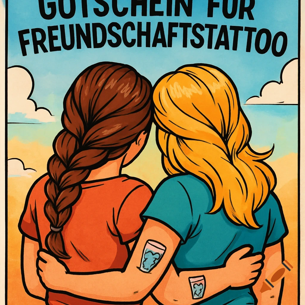 Comic illustration of two women embracing from behind, one with a braid, one with blonde hair, both with glass tattoos.