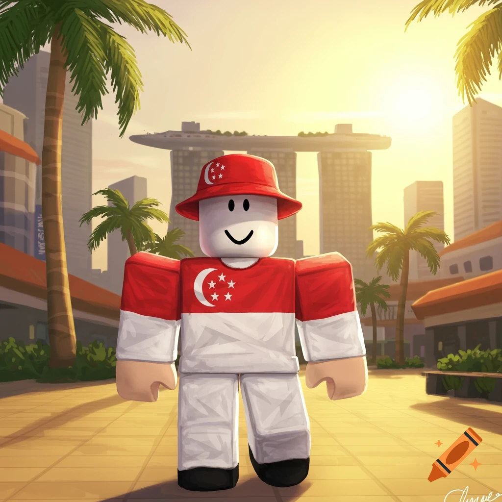 A Roblox character in a Singapore flag shirt and hat stands on a sunny urban street with palm trees and skyscrapers in the background.