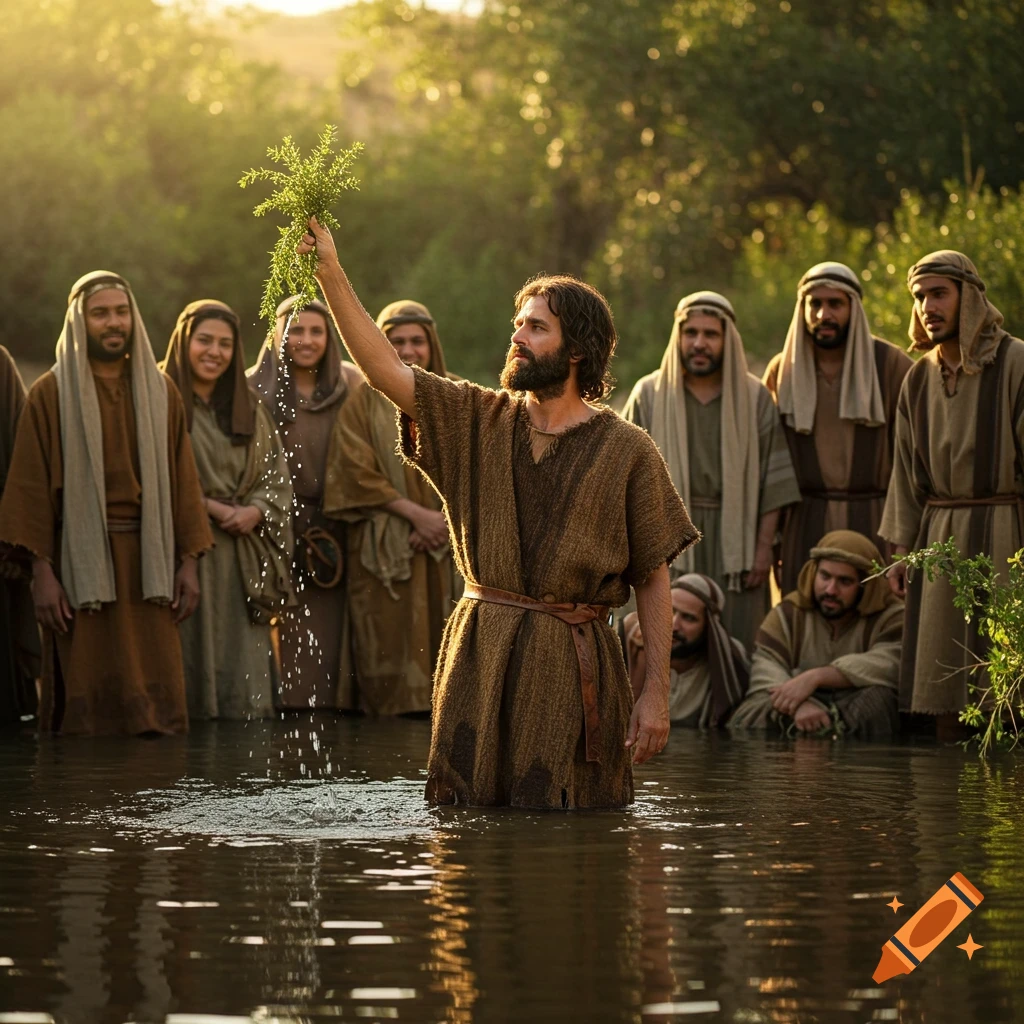 John the Baptist stands in a sunlit river, holding green branches and splashing water over a crowd of people in ancient robes.