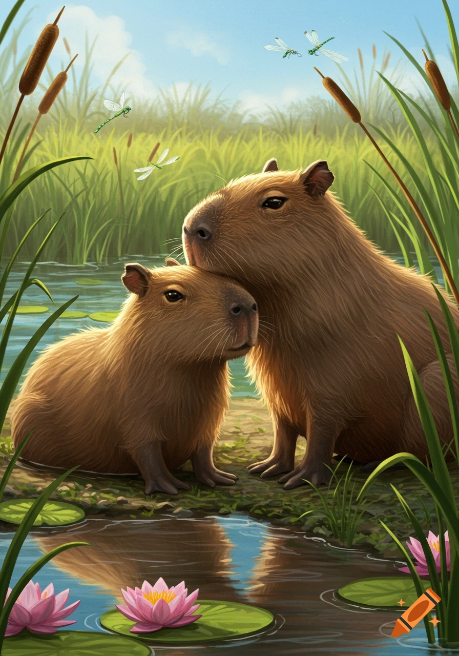 Two capybaras by a pond with water lilies and reeds. One larger capybara nuzzles a smaller one. Dragonflies fly overhead.