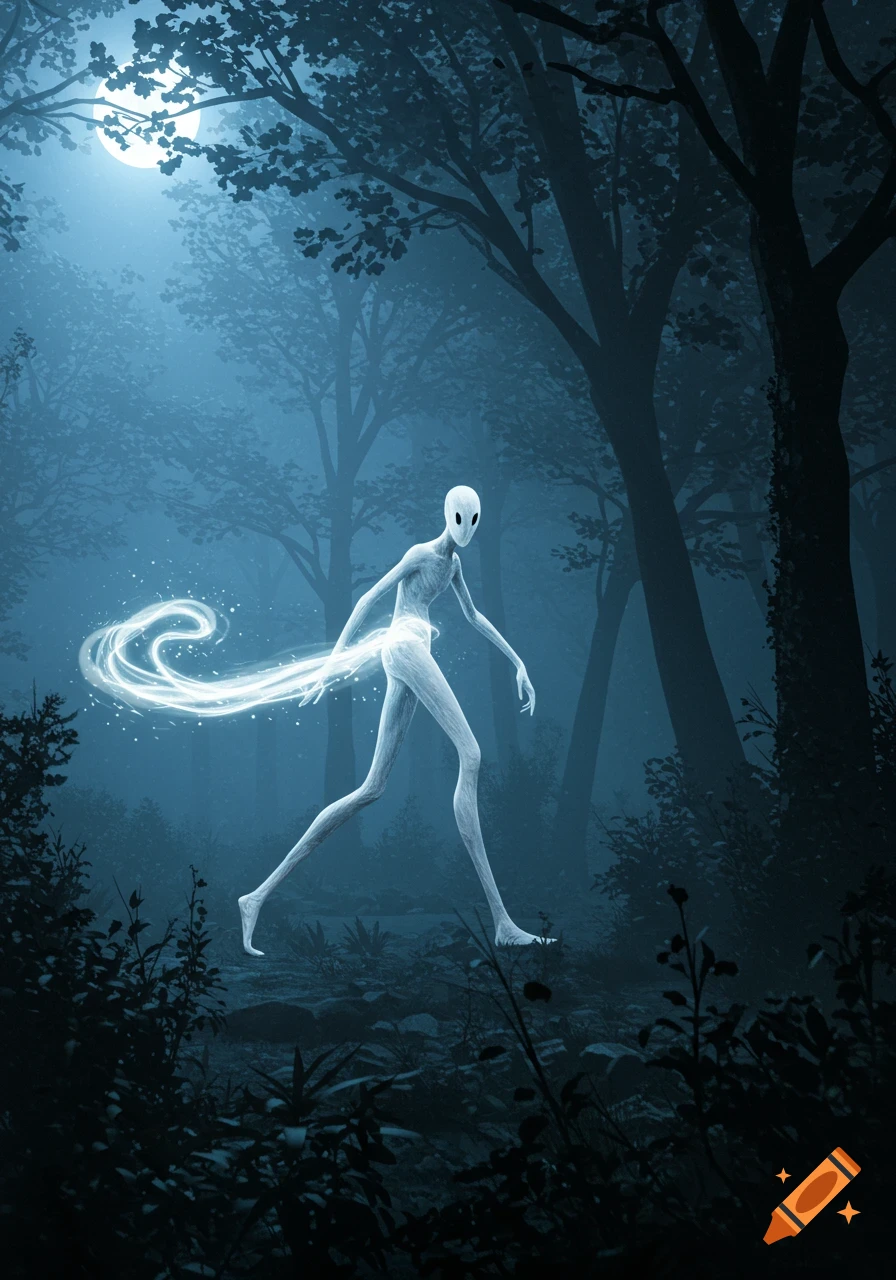 A pale, slender humanoid creature with a glowing tail walks through a dark, misty forest under a full moon, digital art.