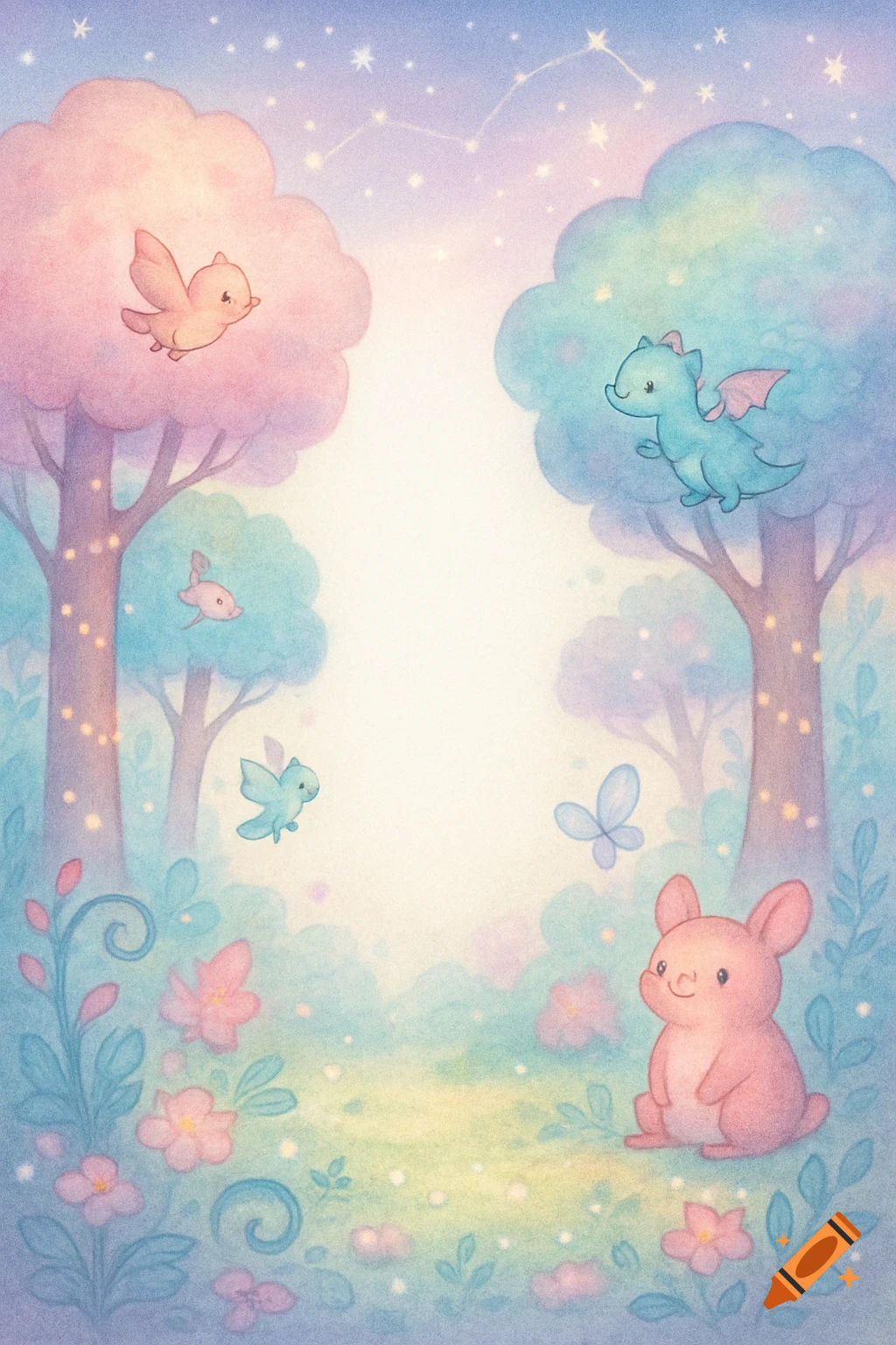 Whimsical pastel watercolor illustration of an enchanted forest with a bird, dragon, rabbit, and flowers under a starry sky.