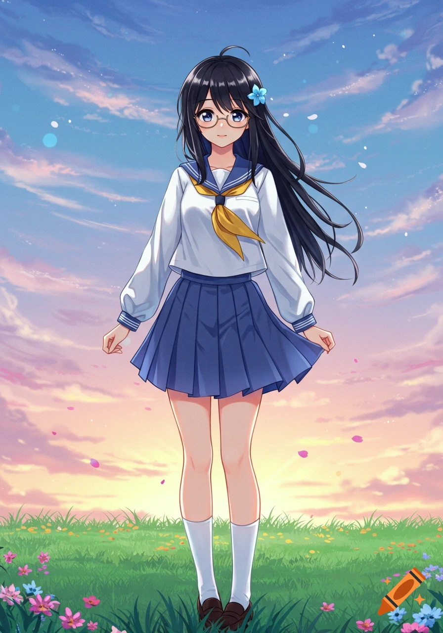 An anime schoolgirl with long black hair and glasses, wearing a white uniform and blue skirt, stands in a flowery field at sunset.