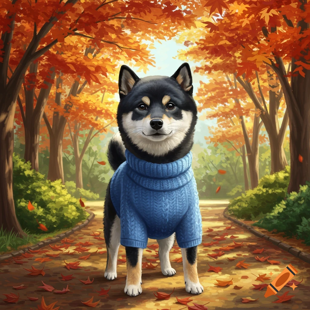 A black and tan Shiba Inu dog wearing a blue turtleneck sweater stands on a path covered in red and orange autumn leaves, surrounded by trees with fall foliage.