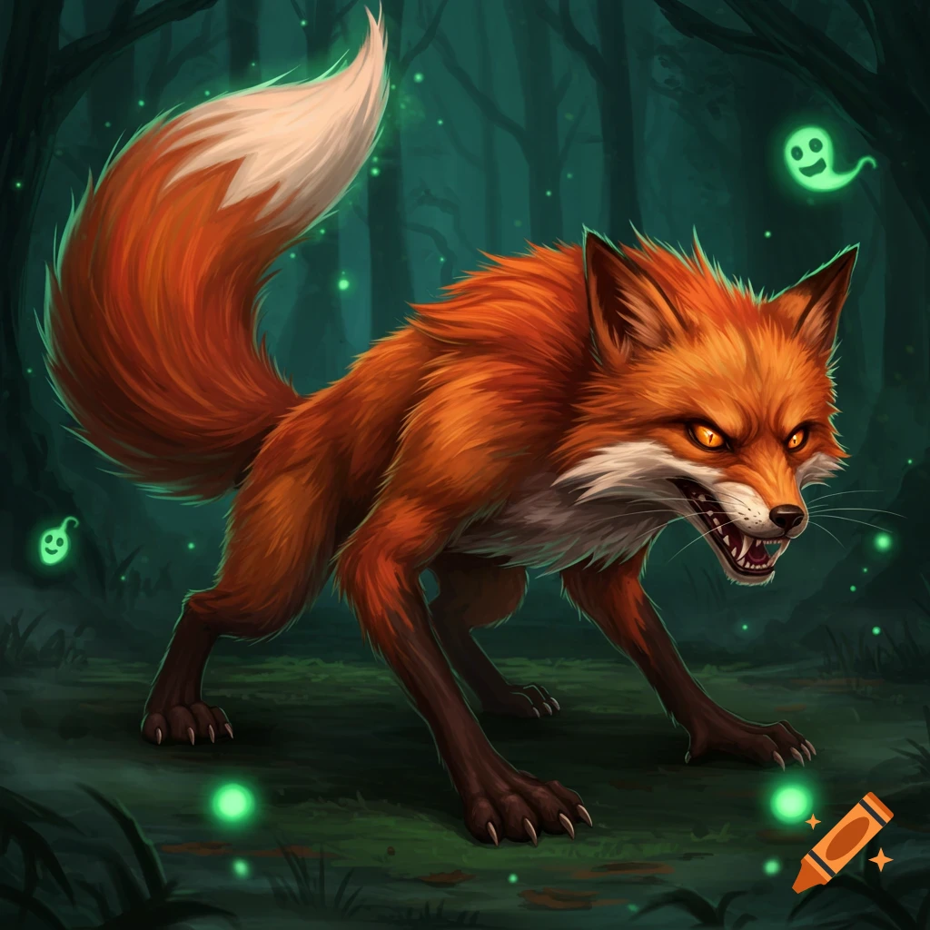 A fierce orange fox with glowing yellow eyes and bared teeth, in a dark, stylized forest with green glowing spirits and lights.