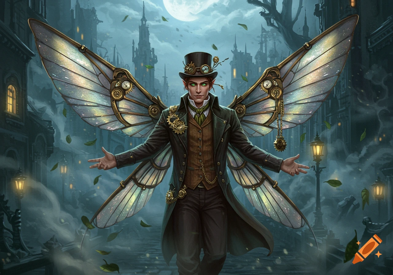 A male steampunk fairy with glowing green eyes and mechanical wings stands in a foggy, dark Victorian city street under a full moon.