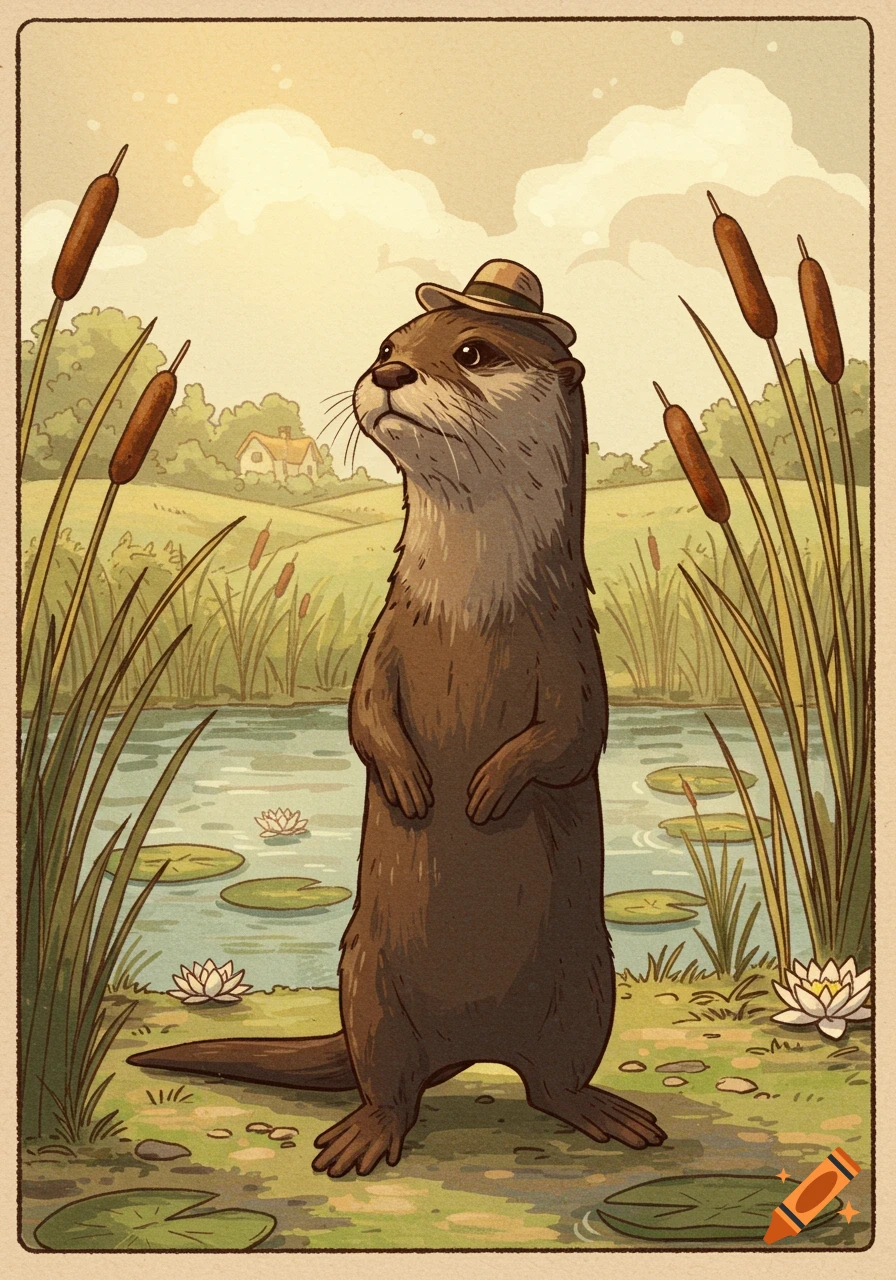 An upright otter wearing a small hat stands by a pond with cattails and lily pads, in a vintage children's book illustration style.