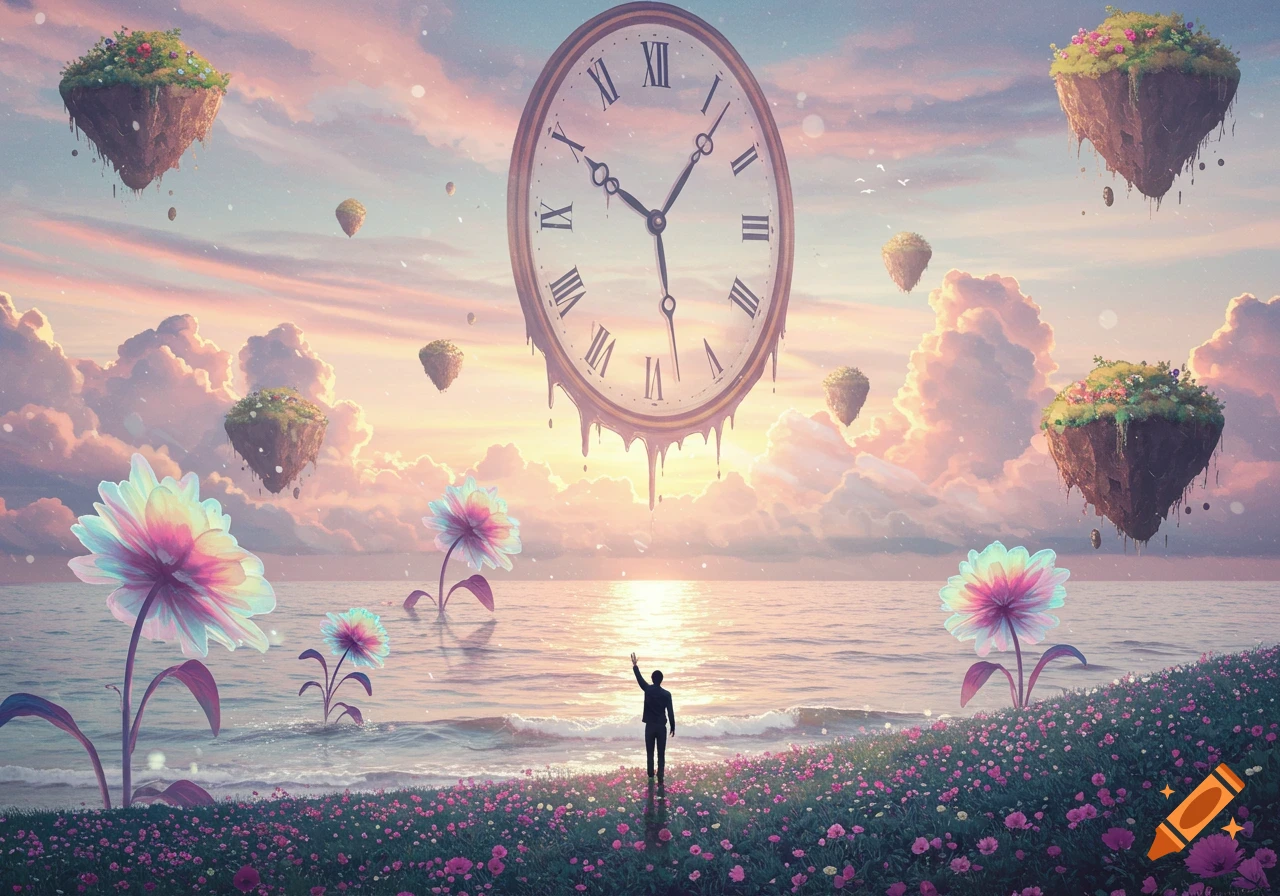 A person stands on a flower-covered shore, gazing at a melting clock in a pastel sky with floating islands and giant glowing flowers.