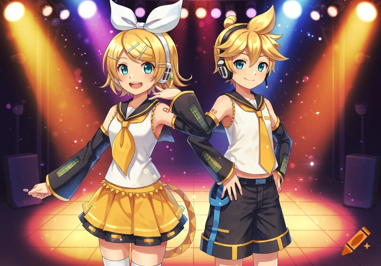 Two anime characters, a girl with blonde pigtails and a boy with blonde hair, in matching white and yellow sailor-style outfits and headphones, stand on a stage with colorful spotlights.