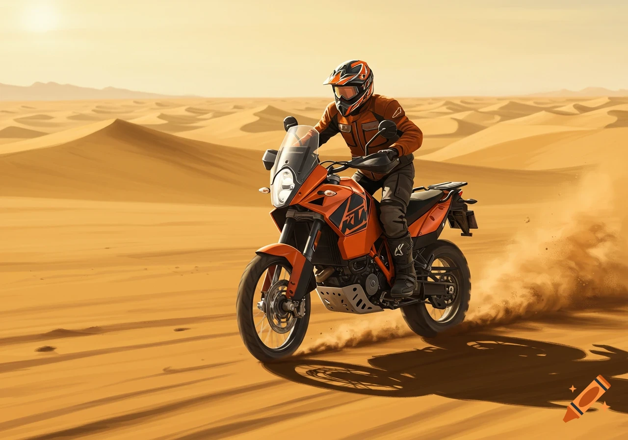 A person on an orange KTM adventure motorcycle rides across sandy desert dunes, kicking up dust under a golden sky.