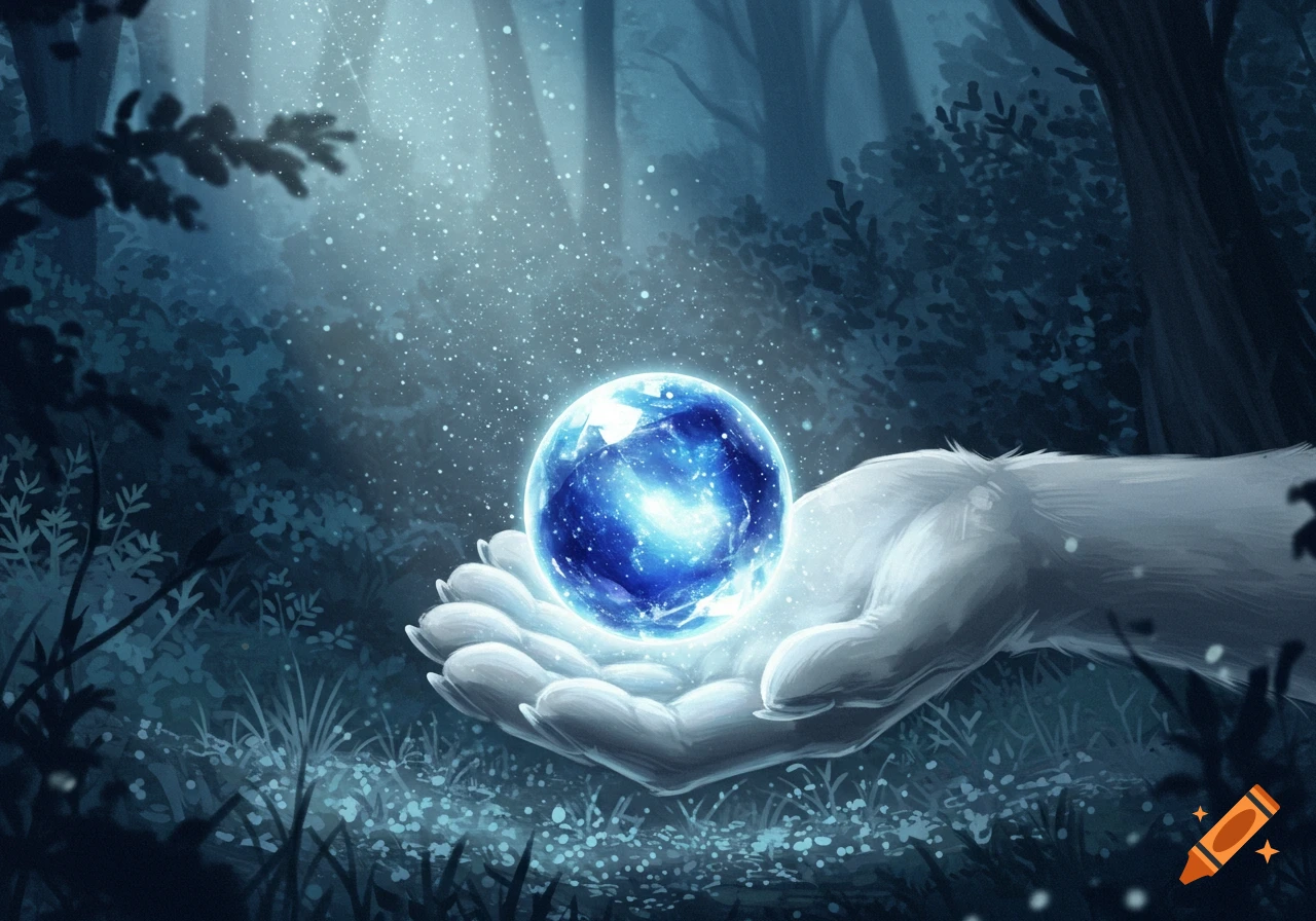 A white, furry hand cradles a glowing blue orb filled with light and stars in a magical, dark forest.