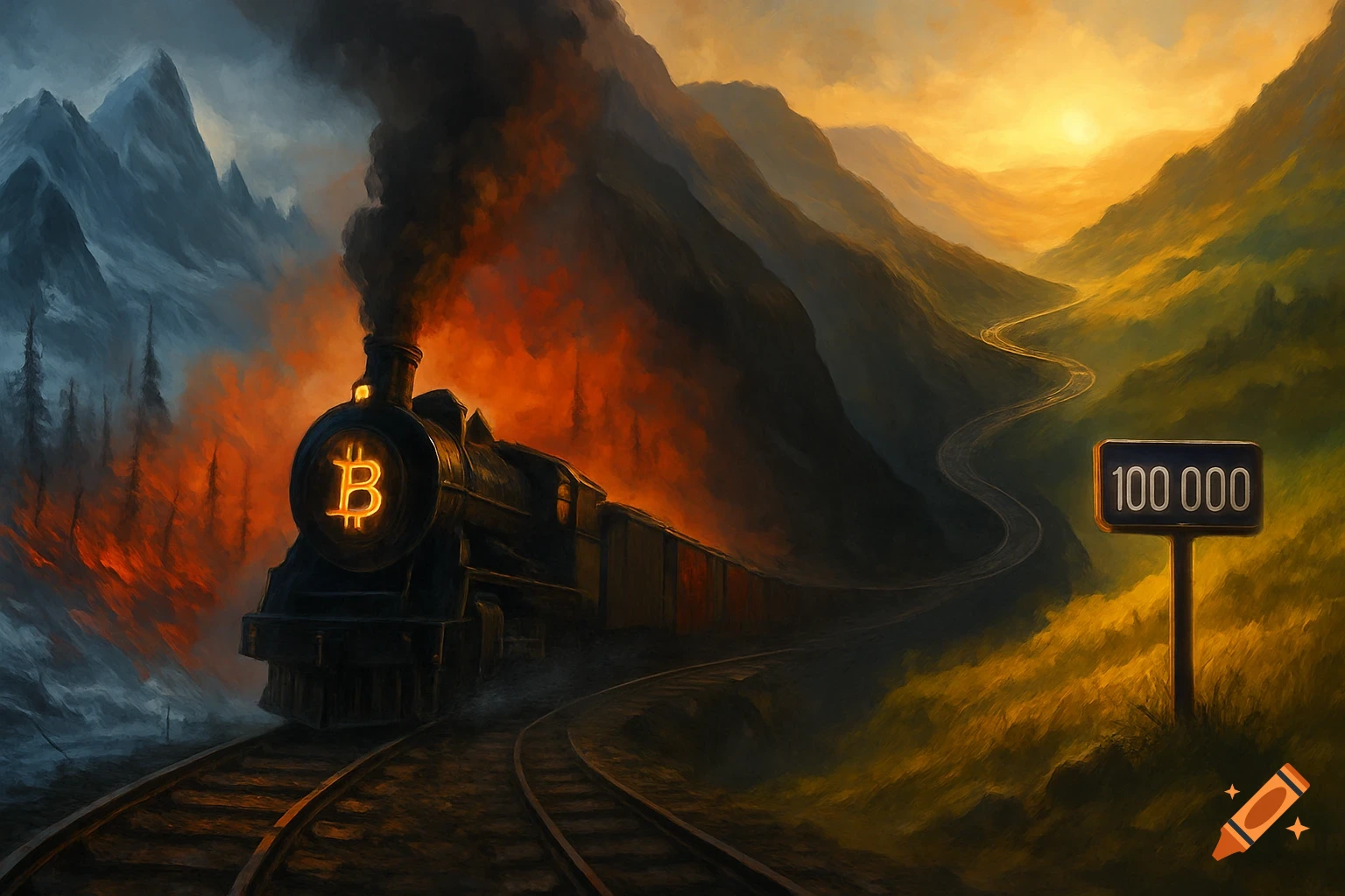 A symbolic, painterly landscape depicting a train with a glowing Bitcoin symbol on its front, traversing a winding railway through mountains and valleys. A sign reads '100 000' in a sunlit valley, while the train passes through fiery red zones and blue mountains.