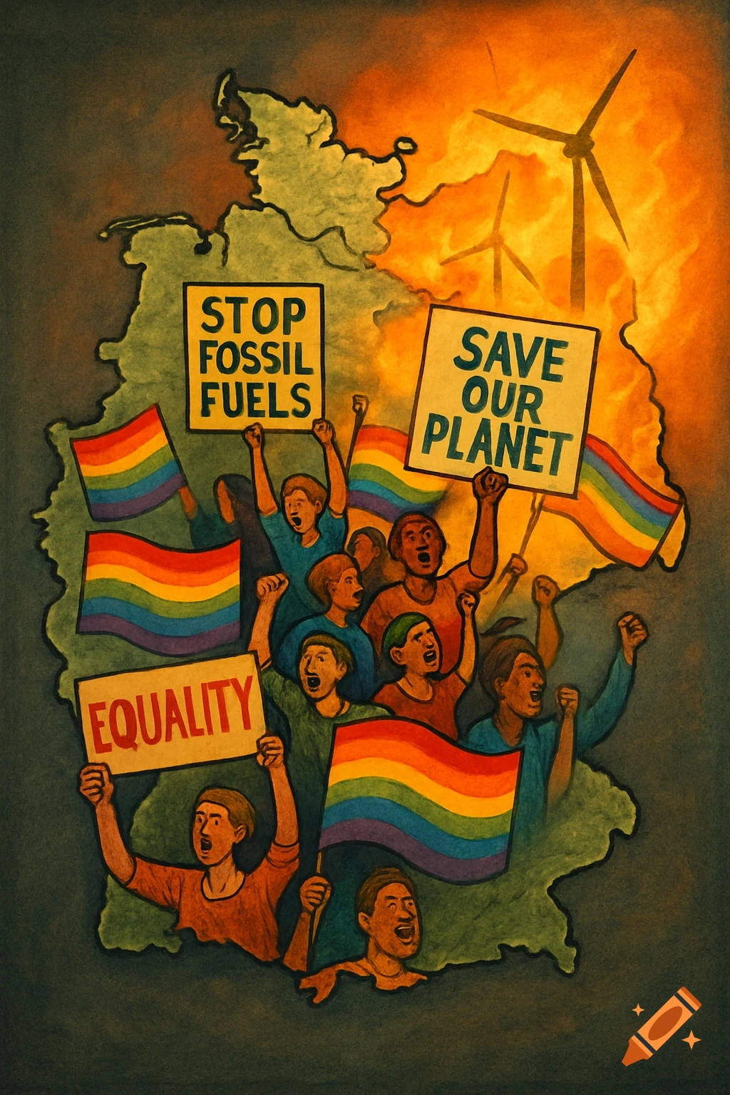 Watercolor illustration of protesters on a map of Germany, holding signs, rainbow flags, and a burning wind turbine.