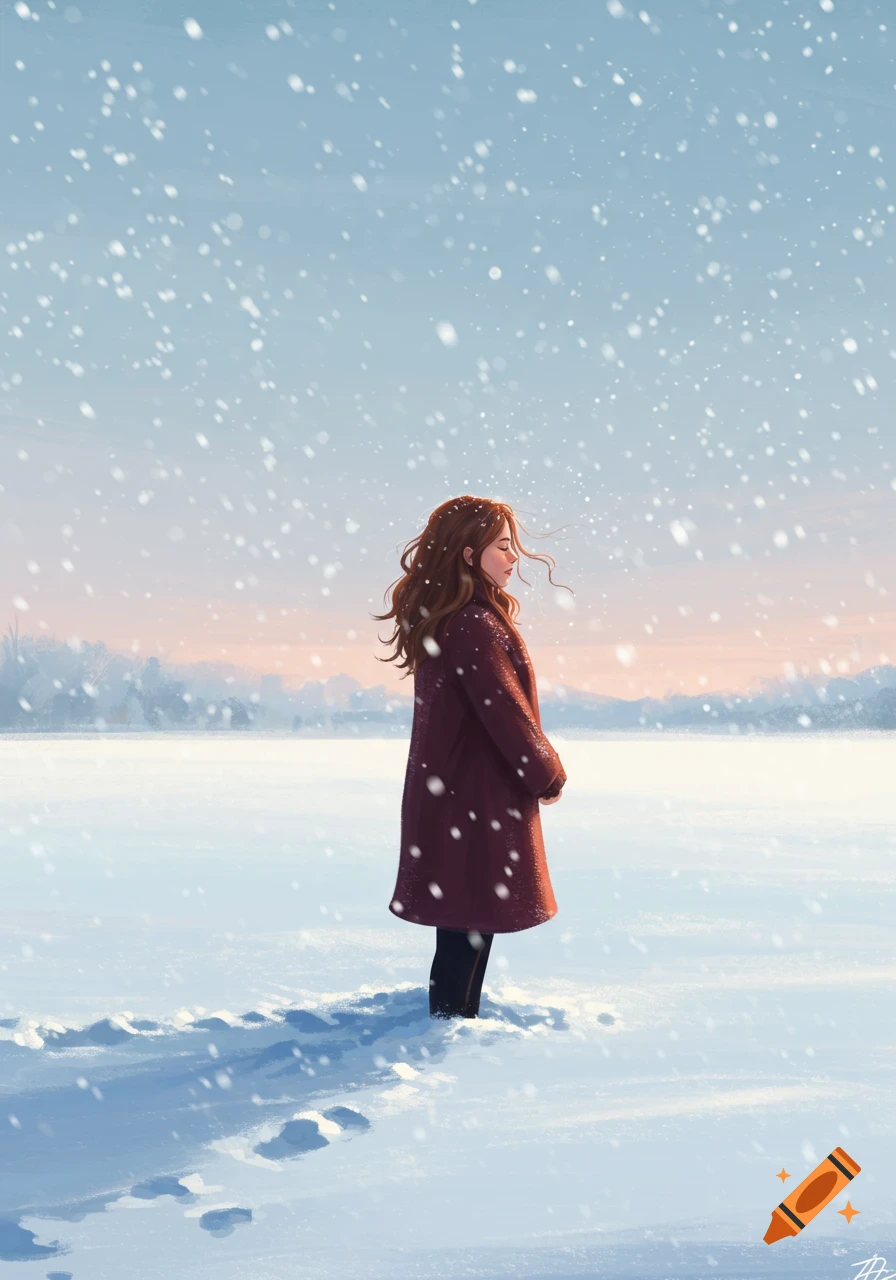 Digital illustration of a woman in a red coat standing in a snowy landscape with falling snow, under a soft morning sky.