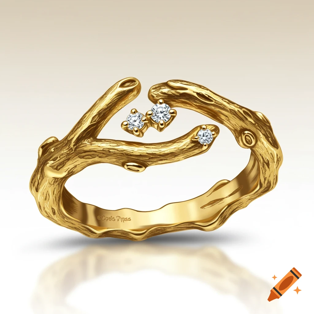 A gold ring shaped like a gnarly root, featuring three sparkling diamonds, against a gradient background.