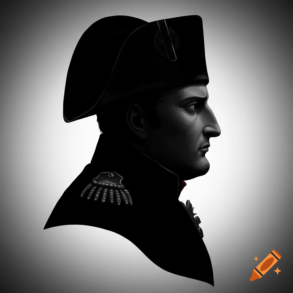 Stylized black and white profile portrait of Napoleon Bonaparte in his military uniform and bicorne hat.