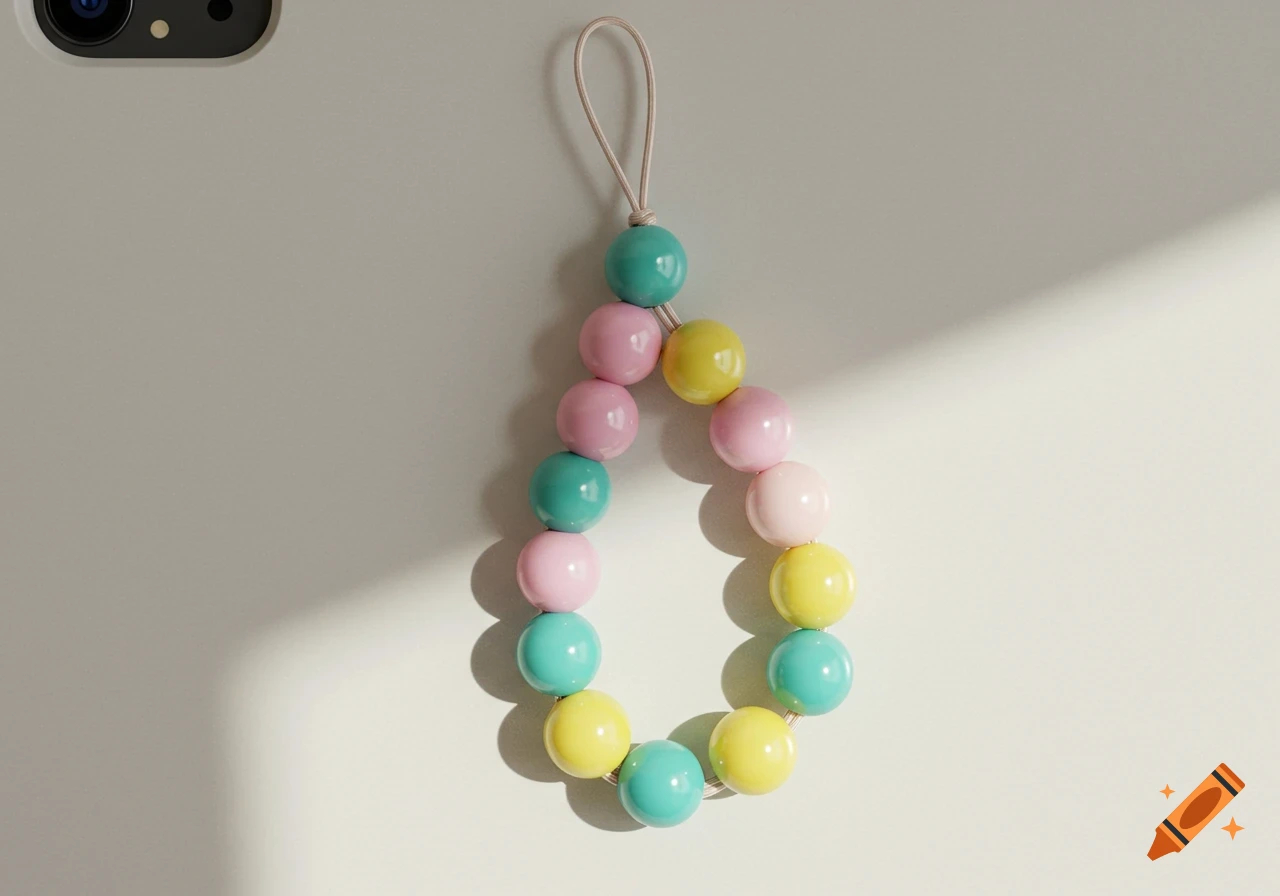 A photorealistic image of a phone charm made with pink, yellow, and teal plastic beads on an elastic thread, resting on a light-colored phone.