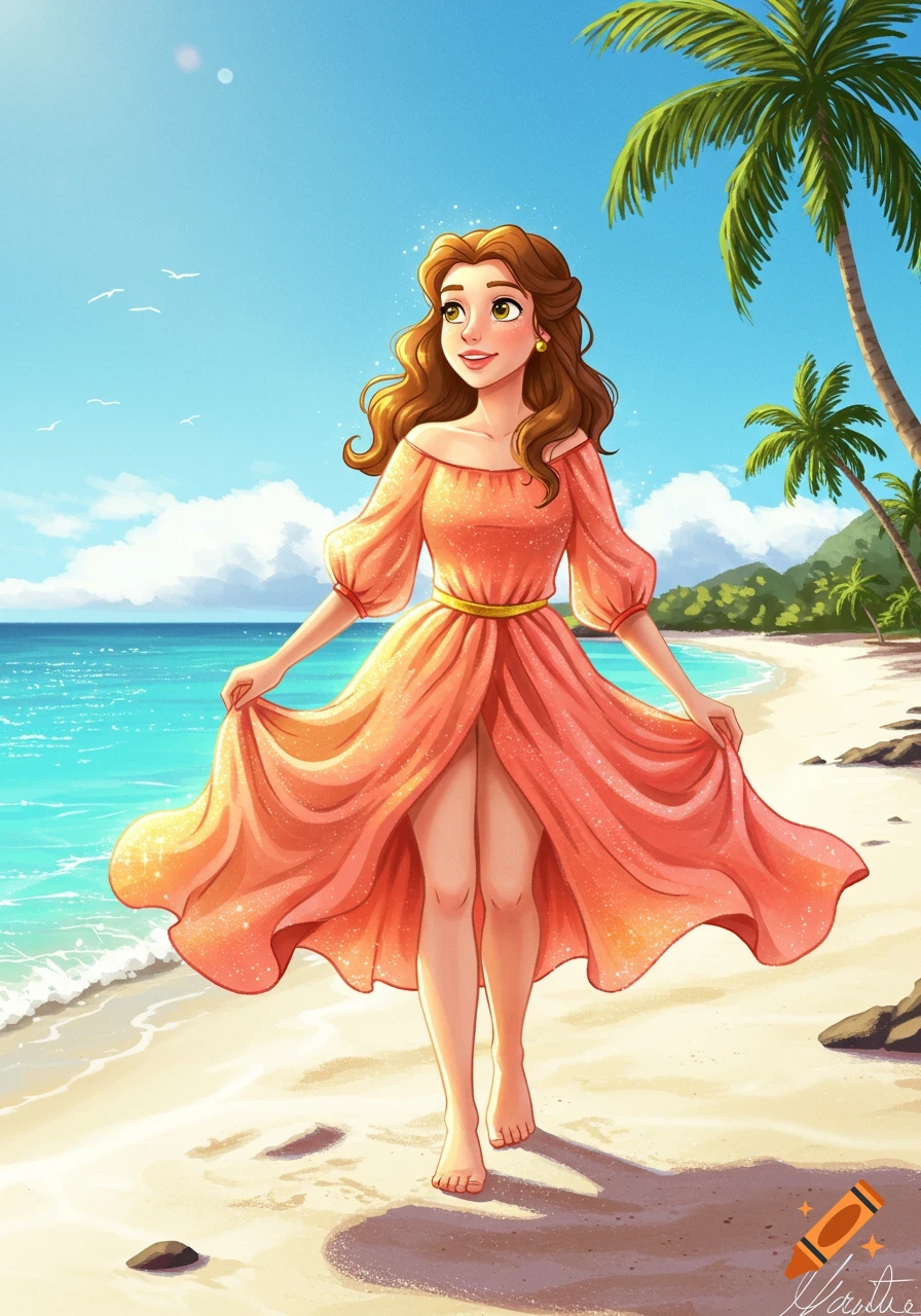 Cartoon illustration of a princess-like woman in a flowing orange dress walking barefoot on a sunny tropical beach with palm trees.