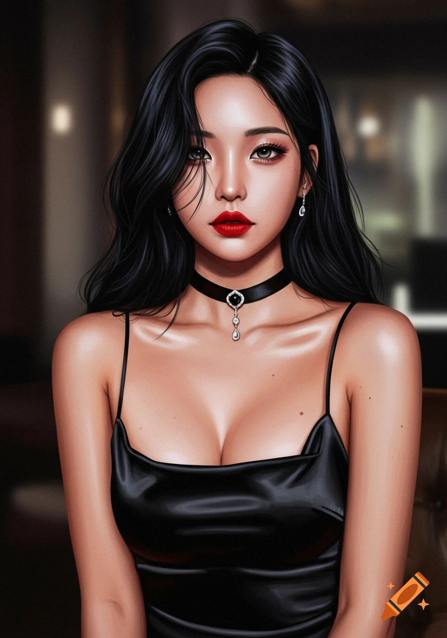 A digitally painted portrait of a Korean woman with long black hair, red lips, wearing a black satin slip dress and a choker.