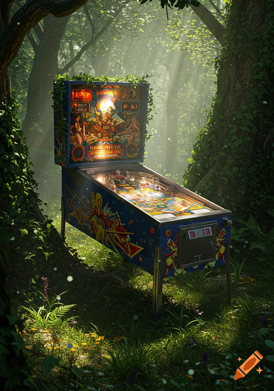 A vintage pinball machine overgrown with ivy sits abandoned in a sunlit, misty forest.