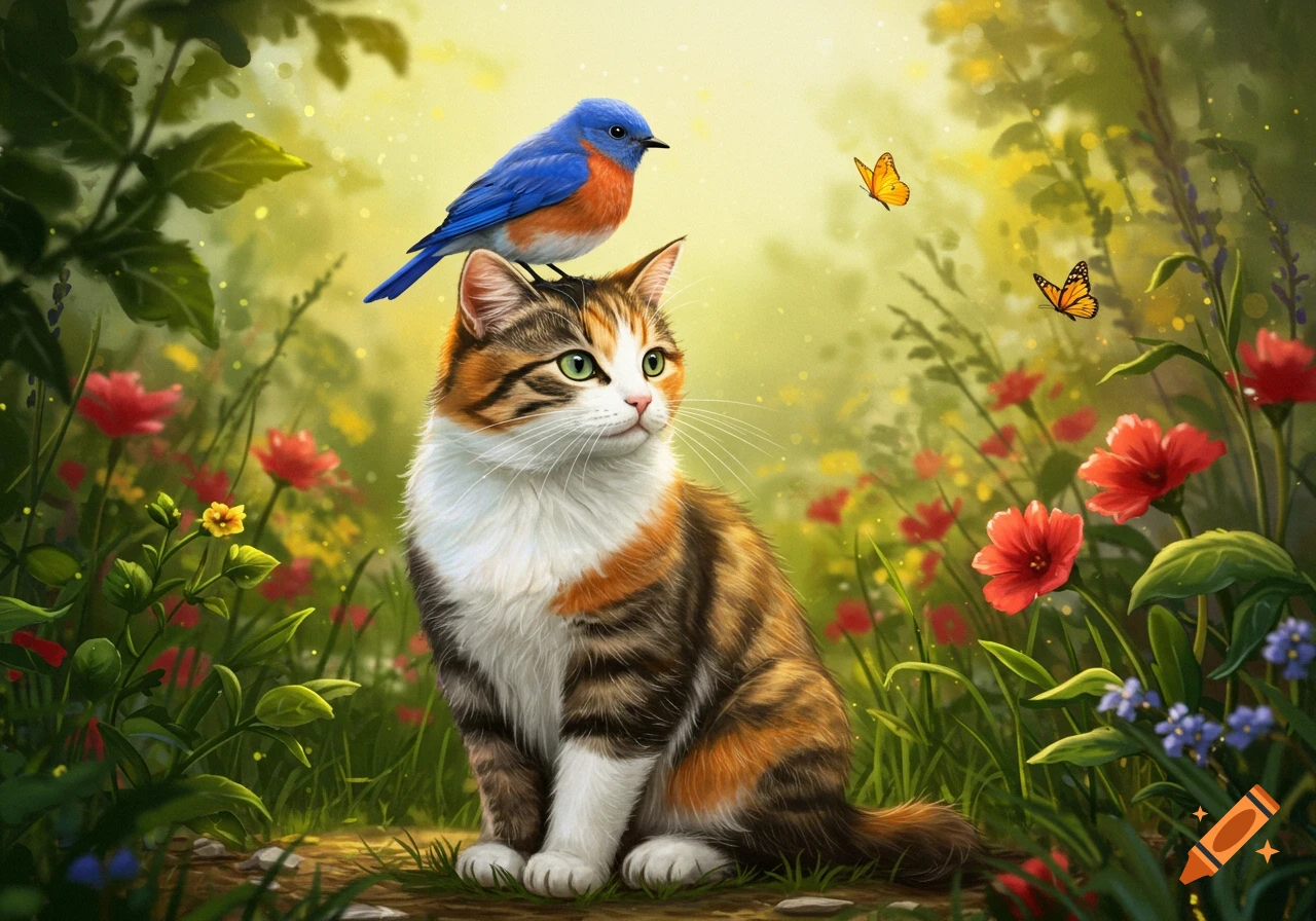 A colorful tabby cat with a blue bird perched on its head sits in a vibrant, sunlit flower garden, with butterflies fluttering around.