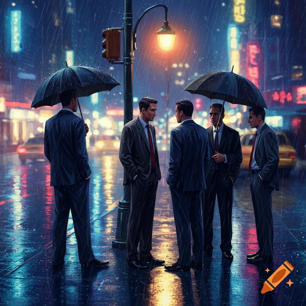 Five men in suits, some with umbrellas, talk on a rainy city street at night, with neon lights reflecting on the wet ground.