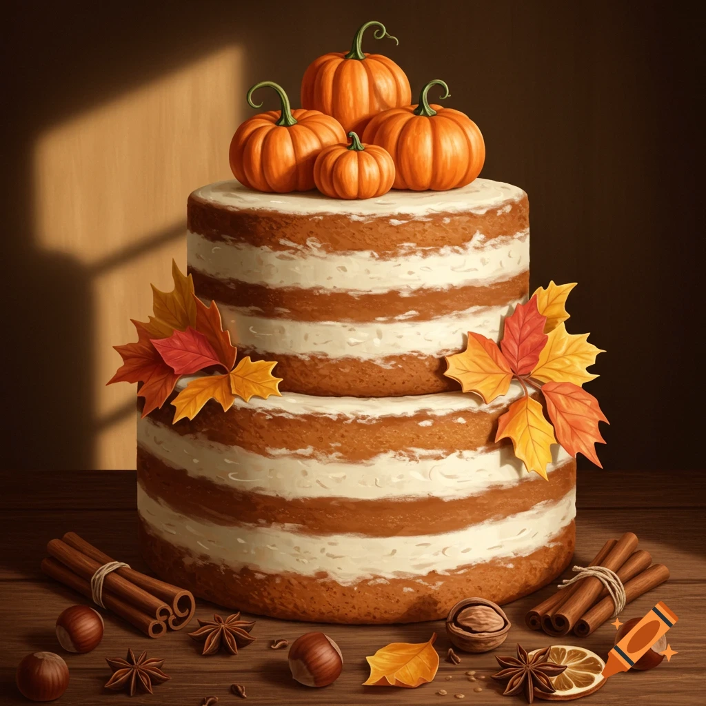 A two-tiered rustic vanilla cake decorated with pumpkins and autumn leaves, surrounded by cinnamon sticks and nuts, in a warm, dimly lit setting.