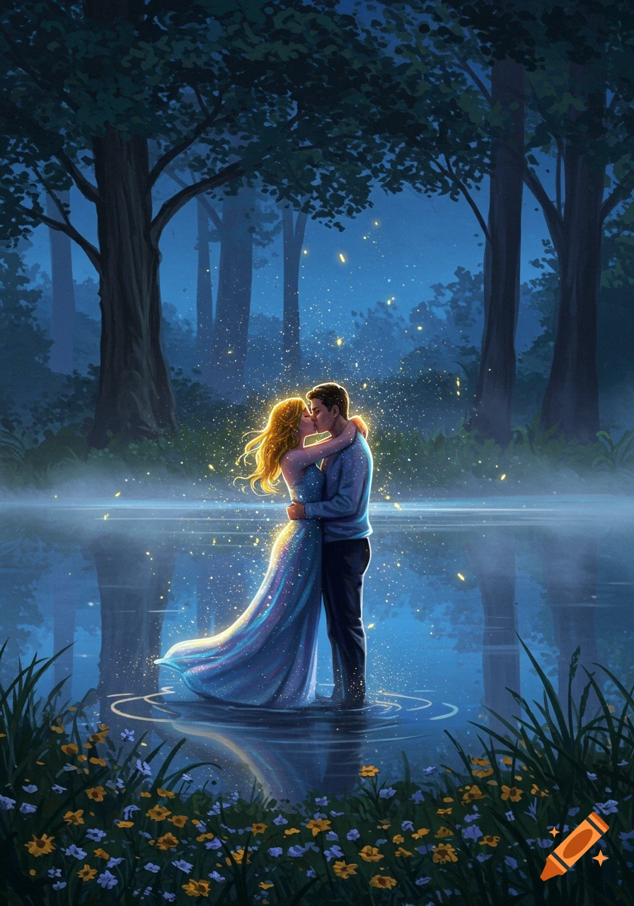 Illustrated couple kissing in a magical forest lake at night, surrounded by glowing particles, with wildflowers in the foreground.