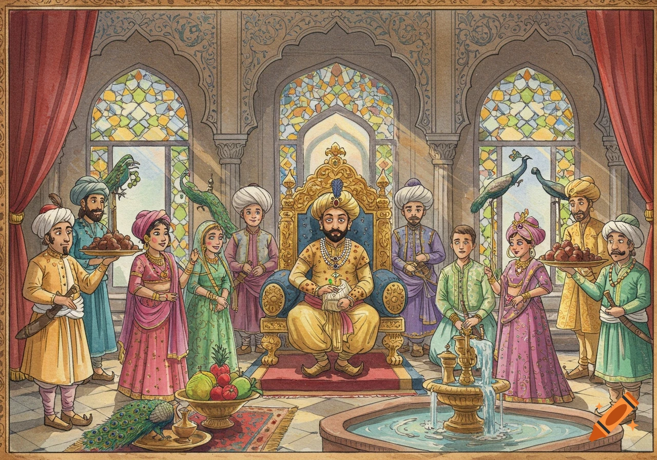 An illustrated scene of a Mughal king on a golden throne in a palace, surrounded by smiling attendants, peacocks, and a fountain.